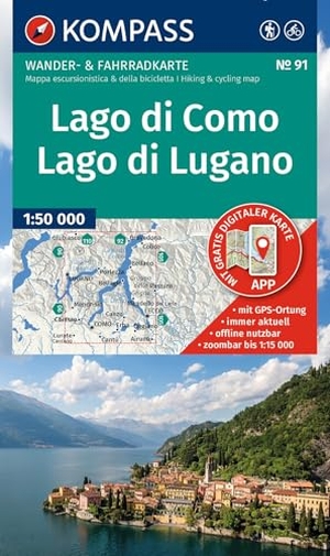 KOMPASS Wanderkarte 91 Lago di Como, Lago di Lugano 1:50.000 - Wander- und Fahrradkarte in einem - inklusive Offline-Verwendung in der KOMPASS-App. Wander-& Radwege.. Kompass Karten GmbH, 2026.