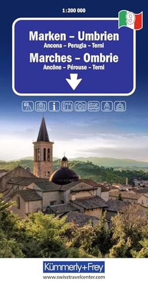 Kümmerly+Frey Regional-Strassenkarte 9 Marken, Umbrien 1:200.000 - Mit Ancona, Perugia und Terni. Inkl. Stadtpläne, Ortsverzeichnis und Reiseinformationen. Kümmerly und Frey, 2025.