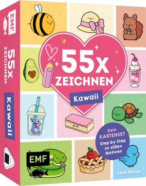 Römer, Leon. 55 x Zeichnen - Kawaii: Dein Kartenset - 55 Karten mit Step by Step Anleitungen zu süßen Motiven | Zum Mitnehmen und Verschenken | Mit lustigen und motivierenden Sprüchen | Tipps und Tricks im Booklet. Edition Michael Fischer, 2026.