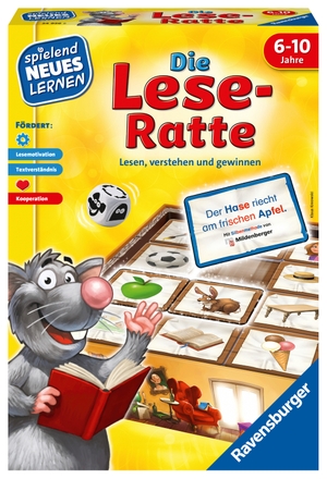 Kreowski, Klaus. Die Lese-Ratte - Lesen, verstehen und gewinnen / 1 Lese-Ratte / 1 doppelseitiger Spielplan / 1 Kunststoffeinsatz / 24 Schiebeplättchen / 1 Bücherregal / 1 Würfel / 40 doppelte Aufgabenkarten in zwei Schwierigkeitsstufen / 1 Spielanleitung. Ravensburger Spieleverlag, 2018.