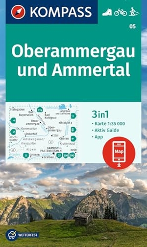 KOMPASS Wanderkarte 05 Oberammergau und Ammertal 1:35.000 - 3in1 Wanderkarte, mit Aktiv Guide inklusive Karte zur offline Verwendung in der KOMPASS-App. Fahrradfahren. Langlaufen.. Kompass Karten GmbH, 2023.