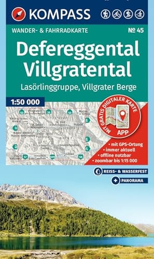 KOMPASS Wanderkarte 45 Defereggental, Villgratental, Lasörlinggruppe, Villgrater Berge 1:50.000 - Wander- und Fahrradkarte in einem - inklusive Offline-Verwendung in der KOMPASS-App. Wander-& Radwege. Panorama. Skitouren. Langlaufen.. Kompass Karten GmbH, 2026.