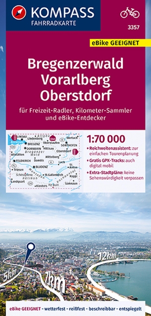 KOMPASS Fahrradkarte 3357 Bregenzerwald, Vorarlberg, Oberstdorf 1:70.000 - reiß- und wetterfest mit Extra Stadtplänen. Kompass Karten GmbH, 2020.