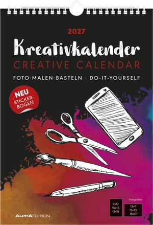 Neumann Verlage GmbH & Co KG (Hrsg.). Kreativkalender A4 schwarz 2027 - Bastelkalender 21x29,7 cm mit schwarzem Hintergrund, Stickerbogen, echtem Bastelkarton und gestaltbarem Titelblatt. Neumann Verlage GmbH & Co, 2026.