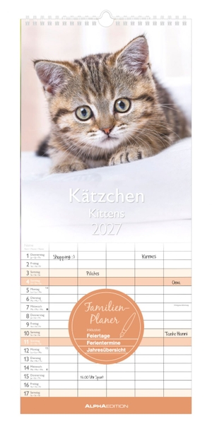 Neumann Verlage GmbH & Co KG (Hrsg.). Kätzchen 2027 - Familienkalender 19,5x45 cm mit 5 Spalten, süßen Katzenmotiven, Schulferien, Feiertagen & 4-sprachigem Kalendarium, für Familienorganisation. Neumann Verlage GmbH & Co, 2026.