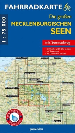 Fahrradkarte Die großen Mecklenburgischen Seen - Mit Mecklenburgischer Seen-Radweg. Mit UTM-Gitter für GPS. Wasser- und reißfest.. Verlag grünes Herz, 2025.