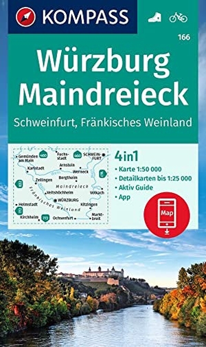 KOMPASS Wanderkarte 166 Würzburg, Maindreieck, Schweinfurt, Fränkisches Weinland 1:50.000 - 4in1 Wanderkarte mit Aktiv Guide und Detailkarten inklusive Karte zur offline Verwendung in der KOMPASS-App. Fahrradfahren.. Kompass Karten GmbH, 2023.