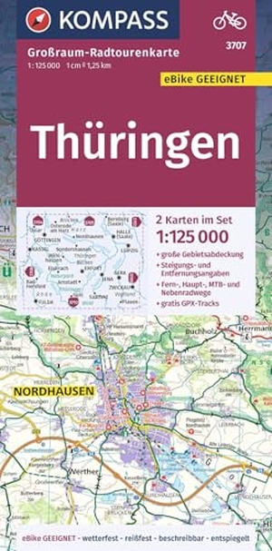 KOMPASS Großraum-Radtourenkarte 3707 Thüringen 1:125.000 - 2 Karten im Set, reiß- und wetterfest, GPX-Daten zum Download. Kompass Karten GmbH, 2022.