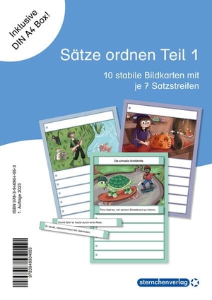 Langhans, Katrin. Sätze ordnen Teil 1 - 10 stabile Bildkarten mit je 7 Satzstreifen in der DIN A4 Box. Sternchenverlag GmbH, 2023.