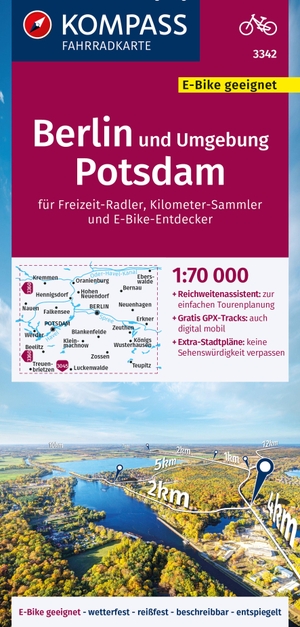 KOMPASS Fahrradkarte 3342 Berlin und Umgebung, Potsdam 1:70.000 - reiß- und wetterfest mit Extra Stadtplänen. Kompass Karten GmbH, 2024.