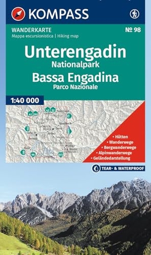 KOMPASS Wanderkarte 98 Unterengadin, Nationalpark / Bassa Engadina, Parco Nazionale 1:40.000 - Wanderkarte. Kompass Karten GmbH, 2026.