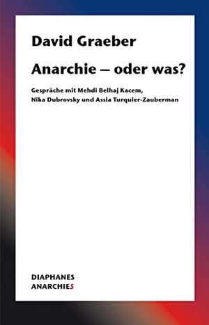 Graeber, David. Anarchie - oder was? - Gespräche mit Mehdi Belhaj Kacem, Nika Dubrovsky und Assia Turquier-Zauberman. Diaphanes Verlag, 2020.
