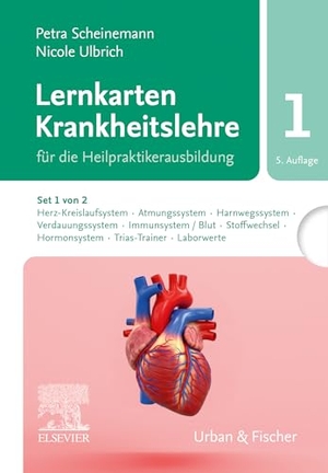 Scheinemann, Petra / Nicole Ulbrich. Lernkarten Krankheitslehre Set 1 für die Heilpraktikerausbildung. (Set 1 von 2, Karten A-G, T, U) - Herz-Kreislaufsystem, Atmungssystem, Harnwegssystem, Verdauungssystem, Immunsystem/Blut, Stoffwechsel, Hormonsystem, Trias-Trainer, Laborwerte. Urban & Fischer/Elsevier, 2026.