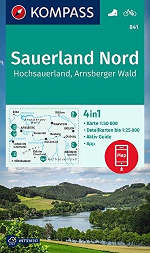 KOMPASS Wanderkarte 841 Sauerland Nord, Hochsauerland, Arnsberger Wald 1:50.000 - 4in1 Wanderkarte, mit Aktiv Guide und Detailkarten inklusive Karte zur offline Verwendung in der KOMPASS-App. Fahrradfahren.. Kompass Karten GmbH, 2023.
