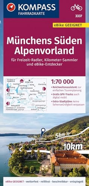 KOMPASS Fahrradkarte 3337 Münchens Süden, Alpenvorland 1:70.000 - reiß- und wetterfest mit Extra Stadtplänen. Kompass Karten GmbH, 2023.