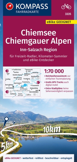 KOMPASS Fahrradkarte 3335 Chiemsee - Chiemgauer Alpen 1:70.000 - reiß- und wetterfest mit Extra Stadtplänen. Kompass Karten GmbH, 2023.