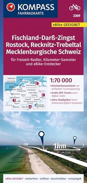 KOMPASS Fahrradkarte 3369 Fischland-Darß-Zingst, Rostock, Recknitz-Trebeltal, Mecklenburgische Schweiz 1:70.000 - reiß- und wetterfest mit Extra Stadtplänen. Kompass Karten GmbH, 2023.