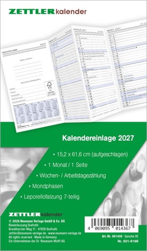 Neumann Verlage GmbH & Co KG (Hrsg.). Kalenderersatzeinlage TP 1M/1S Leporello 2027 - Ersatzkalendarium 9x15 cm für Taschenplaner Typ 501, 1 Monat pro Seite, 7-teilige Leporellofalzung. Neumann Verlage GmbH & Co, 2026.