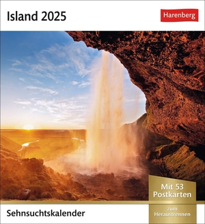 Island Sehnsuchtskalender 2025 - Wochenkalender mit 53 Postkarten - Fernweh in einem Foto-Kalender zum Aufstellen. Die schönsten Landschaften Islands als Postkarten in einem Tischkalender. Harenberg, 2024.