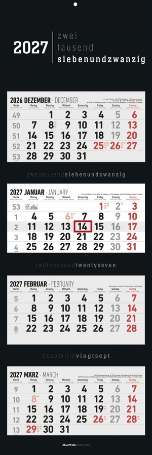 Neumann Verlage GmbH & Co KG (Hrsg.). 4-Monatskalender Black 2027 - Wandkalender 33x100 cm mit 4 Monaten im Überblick, Datumsschieber, Jahresübersicht, Schulferien, faltbar, für Büro & Homeoffice. Neumann Verlage GmbH & Co, 2026.