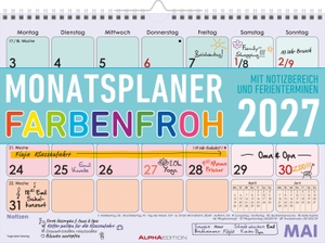 Neumann Verlage GmbH & Co KG (Hrsg.). Monatsplaner 1M/1S Farbenfroh 2027 - Wandkalender 29,7x21 cm mit Feiertagen, Wochenzählung & Notizfeld - praktischer Büro- & Familienplaner. ALPHA EDITION GmbH, 2026.