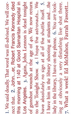 Goldsmith, Kenneth. Seven American Deaths and Disasters. powerHouse Books, 2013.