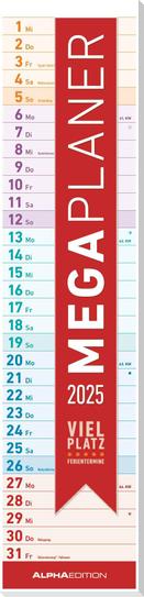 Megaplaner 2025 - Streifen-Kalender 15x64 cm - mit Ferienterminen - viel Platz für Notizen - Wandplaner - Küchenkalender - Alpha Edition