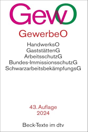 Gewerbeordnung. GewO - mit Verordnungen, Handwerksordnung, Gaststättengesetz, Preisangabenverordnung, Bundes-Immissionsschutzgesetz, Arbeitsschutzgesetz, Arbeitssicherheitsgesetz, Arbeitsstättenverordnung, Gefahrstoffverordnung, Arbeitszeitgesetz,Schwarzarbeitsbekämpfungsgesetz. Textausgabe. Rechtsstand: 1. August 2024. dtv Verlagsgesellschaft, 2024.
