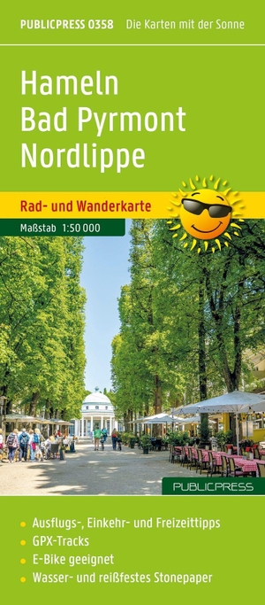 Publicpress Rad- und Wanderkarte Hameln, Bad Pyrmont, Nordlippe 1:50.000 - Rad- und Wanderkarte mit Ausflugszielen, Einkehr- & Freizeittipps und Stadtplänen Hameln und Bad Pyrmont, wetterfest, reissfest, abwischbar, GPS-genau. 1:50000. Kompass Karten GmbH, 2026.