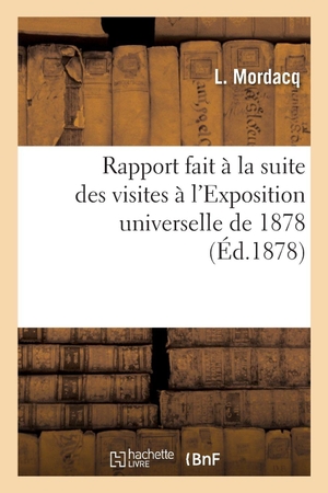 Mordacq. Rapport fait à la suite des visites à l'Exposition universelle de 1878. Hachette Livre, 2018.