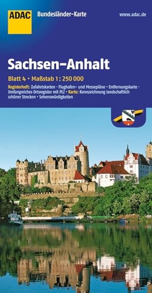 ADAC BundesländerKarte Deutschland Blatt 4 Sachsen-Anhalt 1:250 000 - Registerheft: Zufahrtskarten - Flughafen- und Messepläne - Entfernungskarte - Umfangreiches Ortsregister mit PLZ. Karte: Sehenwürdigkeiten - Autogas- und Erdgastankstellen - Kennzeichnung landschaftlich schöner Strecken. ADAC, 2017.