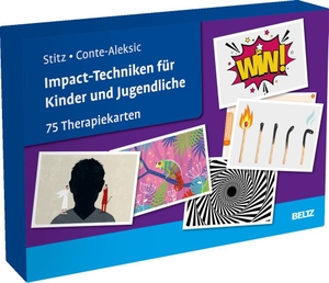 Stitz, Anika / Elisa Conte-Aleksic. Impact-Techniken für Kinder und Jugendliche - 75 Therapiekarten mit 24-seitigem Booklet in hochwertiger Klappkassette, Kartenformat 16,5 x 24 cm.. Beltz Verlagsgruppe, 2025.