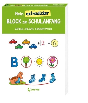 Mein extradicker Block zum Schulanfang - Übungsblock ab 6 Jahren zum Schulstart - Abwechslungsreiche Aufgaben rund um Zahlen, Anlaute und Konzentration. Loewe Verlag GmbH, 2026.