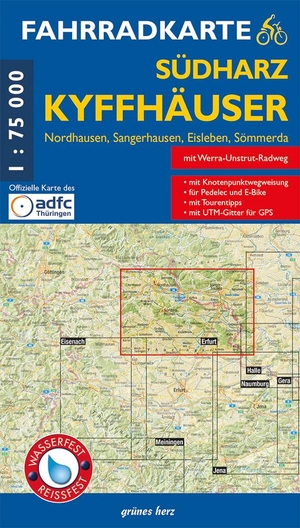 Fahrradkarte Südharz, Kyffhäuser - Mit Nordhausen, Sangerhausen, Eisleben, Sömmerda und Kyffhäuser-Radweg. Offizielle Karte des ADFC-Landesverbandes Thüringen. Mit UTM-Gitter für GPS. Maßstab 1:75.000. Wasser- und reißfest.. Verlag grünes Herz, 2026.