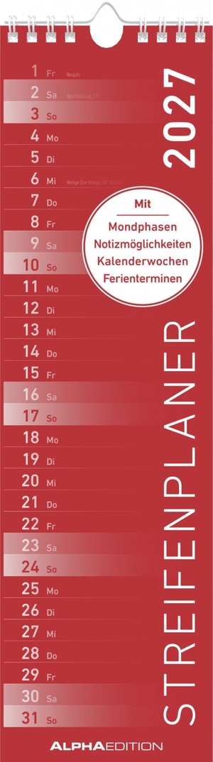 Neumann Verlage GmbH & Co KG (Hrsg.). Streifenplaner Mini ROT 2027 - schmaler Wandkalender 9,5x33 cm mit farblich markierten Wochenenden, Feiertagen & Mondphasen, ideal für Haushalt, Familie & Büro. Neumann Verlage GmbH & Co, 2026.