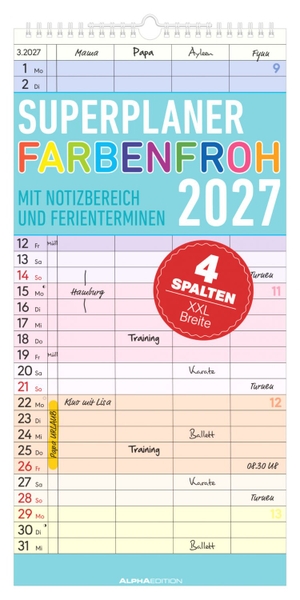 Neumann Verlage GmbH & Co KG (Hrsg.). Superplaner Farbenfroh - 4 Spalten 2027 - bunter Familienkalender 22x45 cm mit 4 Spalten, Schulferien, Feiertagen & Notizfeld, ideal für Familienorganisation. Neumann Verlage GmbH & Co, 2026.