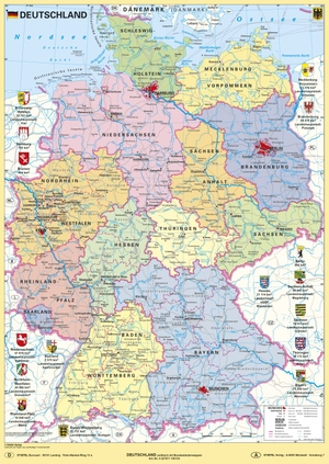Stiefel, Heinrich. Deutschland politisch mit Bundesländerwappen - umweltfreundliches Lernposter. Stiefel Eurocart GmbH, 2019.