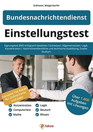 Erdmann, Waldemar / Lucas Weigerstorfer. Einstellungstest Bundesnachrichtendienst - Eignungstest BND erfolgreich bestehen: Fachwissen, Allgemeinwissen, Logik, Konzentration | Nachrichtendienstliche und technische Ausbildung, Duales Studium. Plakos GmbH, 2021.