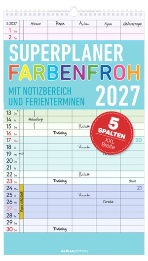 Neumann Verlage GmbH & Co KG (Hrsg.). Superplaner Farbenfroh - 5 Spalten 2027 - bunter Familienkalender 26x45 cm mit 5 Spalten, Schulferien, Feiertagen & Notizfeld, ideal für Familienorganisation. Neumann Verlage GmbH & Co, 2026.