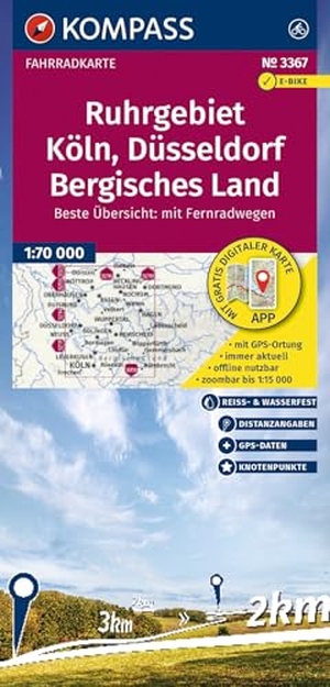 KOMPASS Fahrradkarte 3367 Ruhrgebiet, Köln, Düsseldorf, Bergisches Land mit Knotenpunkten 1:70.000 - reiß- und wetterfest. Kompass Karten GmbH, 2025.