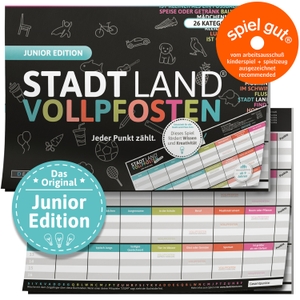 Barreto, Ricardo / Denis Görz. STADT LAND VOLLPFOSTEN® - JUNIOR EDITION - Für Kinder und Jugendliche - DIN-A4 Block mit 50 Blatt, 23 lustige Kategorien bringen jeden Hobbydenker ins Schwitzen. Spaß garantiert!, Pro Runde (8 Begriffe) 2 Minuten. D&R DENKRIESEN GmbH, 2017.