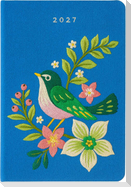 Taschenkalender A6 2027: Vogel und Blüten, bestickt, blau