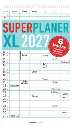 Neumann Verlage GmbH & Co KG (Hrsg.). Superplaner XL 6 Spalten 2027 - Familienkalender 26x45 cm mit 6 Spalten, Schulferien, Feiertagen & Notizfeld, ideal für Familienorganisation. Neumann Verlage GmbH & Co, 2026.