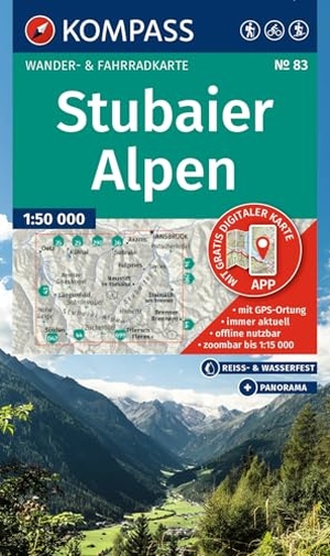 KOMPASS Wanderkarte 83 Stubaier Alpen 1:50.000 - Wander- und Fahrradkarte in einem - inklusive Offline-Verwendung in der KOMPASS-App. Wander-& Radwege. Panorama. Skitouren. Langlaufen. Reiten.. Kompass Karten GmbH, 2025.