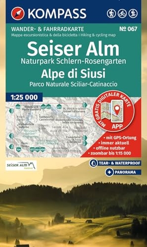 KOMPASS Wanderkarte 067 Seiser Alm, Naturpark Schlern-Rosengarten / Alpe di Siusi, Parco Naturale Sciliar-Catinaccio 1:25.000 - Wander- und Fahrradkarte in einem - inklusive Offline-Verwendung in der KOMPASS-App. Wander-& Radwege. Panorama. Skitouren.. Kompass Karten GmbH, 2026.