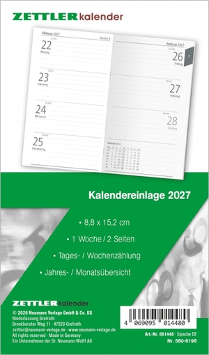 Neumann Verlage GmbH & Co KG (Hrsg.). Kalenderersatzeinlage TP 1W/2S 2027 - Ersatzkalendarium 9x15 cm für Taschenplaner Typ 560, 1 Woche auf 2 Seiten, 112 Blatt. Neumann Verlage GmbH & Co, 2026.