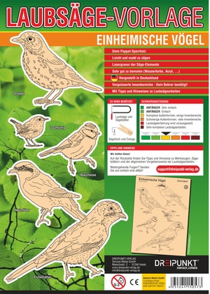 Schulze Media GmbH (Hrsg.). Laubsägevorlage Einheimische Vögel - Laubsägevorlage für fünf einheimische Singvögel aus hochwertigem 3mm Pappelsperrholz.. Dreipunkt Verlag, 2020.