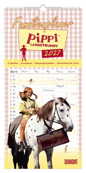 Neumann Verlage GmbH & Co KG (Hrsg.). Familienplaner Pippi Langstrumpf 2027 - Familienkalender 22x45 cm mit 5 Spalten, Schulferien, Jahresübersicht & fröhlichen Motiven aus Astrid Lindgrens Klassiker, für Familien. DuMont Kalenderverlag, 2026.