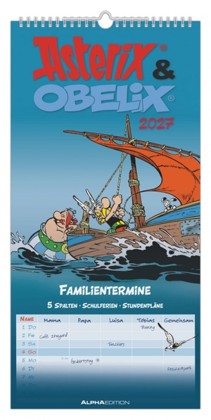 Neumann Verlage GmbH & Co KG (Hrsg.). Asterix & Obelix 2027 - Familienplaner 22x45 cm mit 5 Spalten, Schulferien, Stundenplänen & deutschem Kalendarium - Comic-Kalender für Kinder & Familien. Neumann Verlage GmbH & Co, 2026.