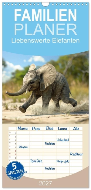Waurick, Kerstin. Familienplaner 2027 - Liebenswerte Elefanten mit 5 Spalten (Wandkalender, 21 x 45 cm) CALVENDO - Elefantenzauber - KI Kunst für jeden Monat. Calvendo, 2026.
